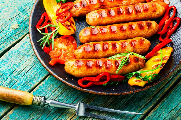 Sausages with Red and Yellow Peppers
